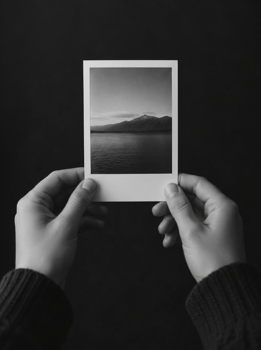 Mãos segurando uma fotografia instantânea Polaroid