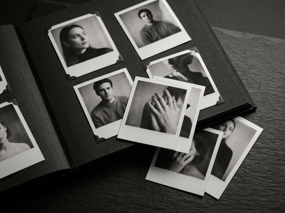 Fotografias instantâneas Polaroid espalhadas sobre superfície escura