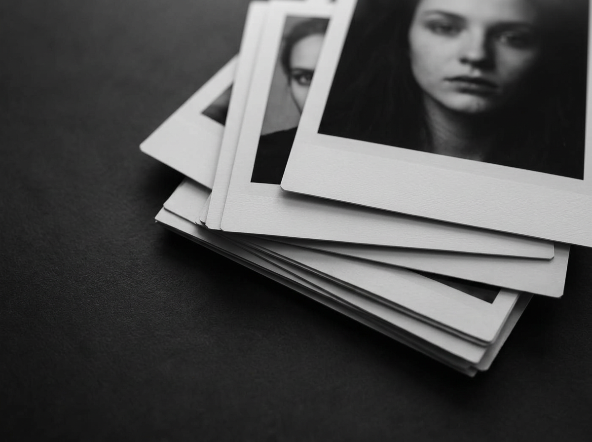 Detalhe da borda de fotografias instantâneas Polaroid empilhadas